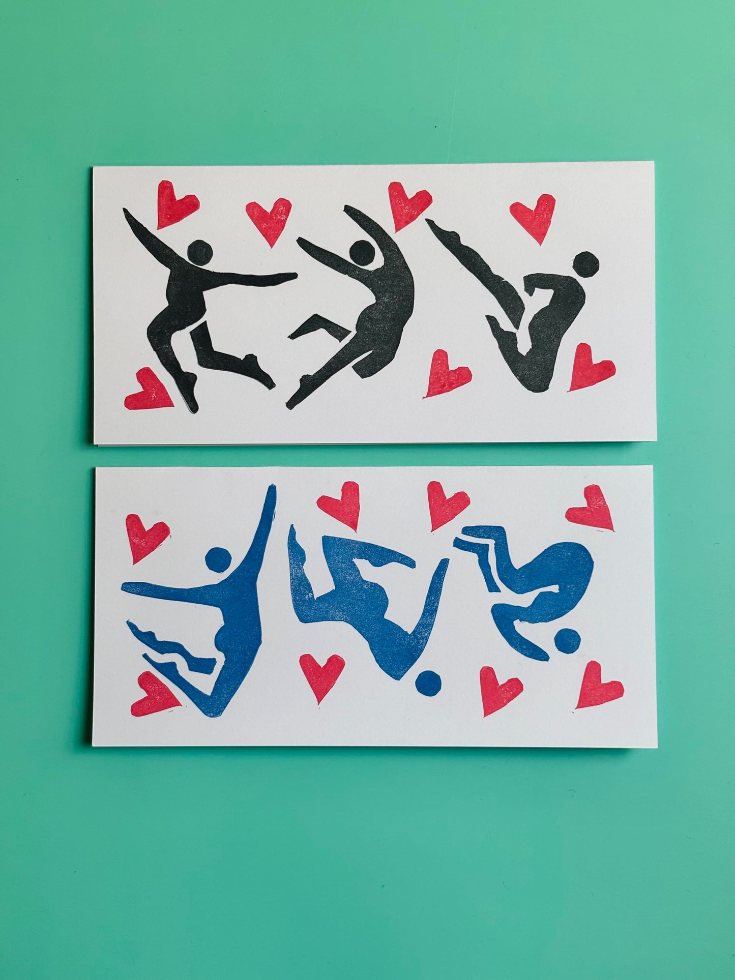 Hearts & Motion Linocut Card Pair – Diving & Tumbling Figures