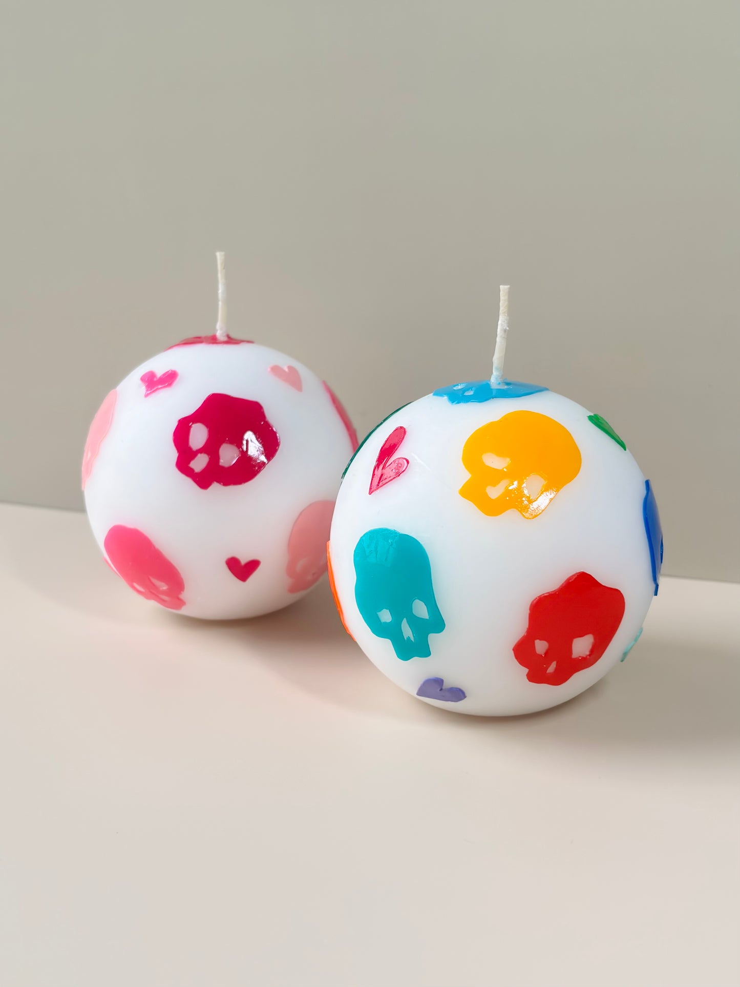 Skull Ball Candle Gift Set - Rainbow & Pink Wax Art Candles (Set of 2)