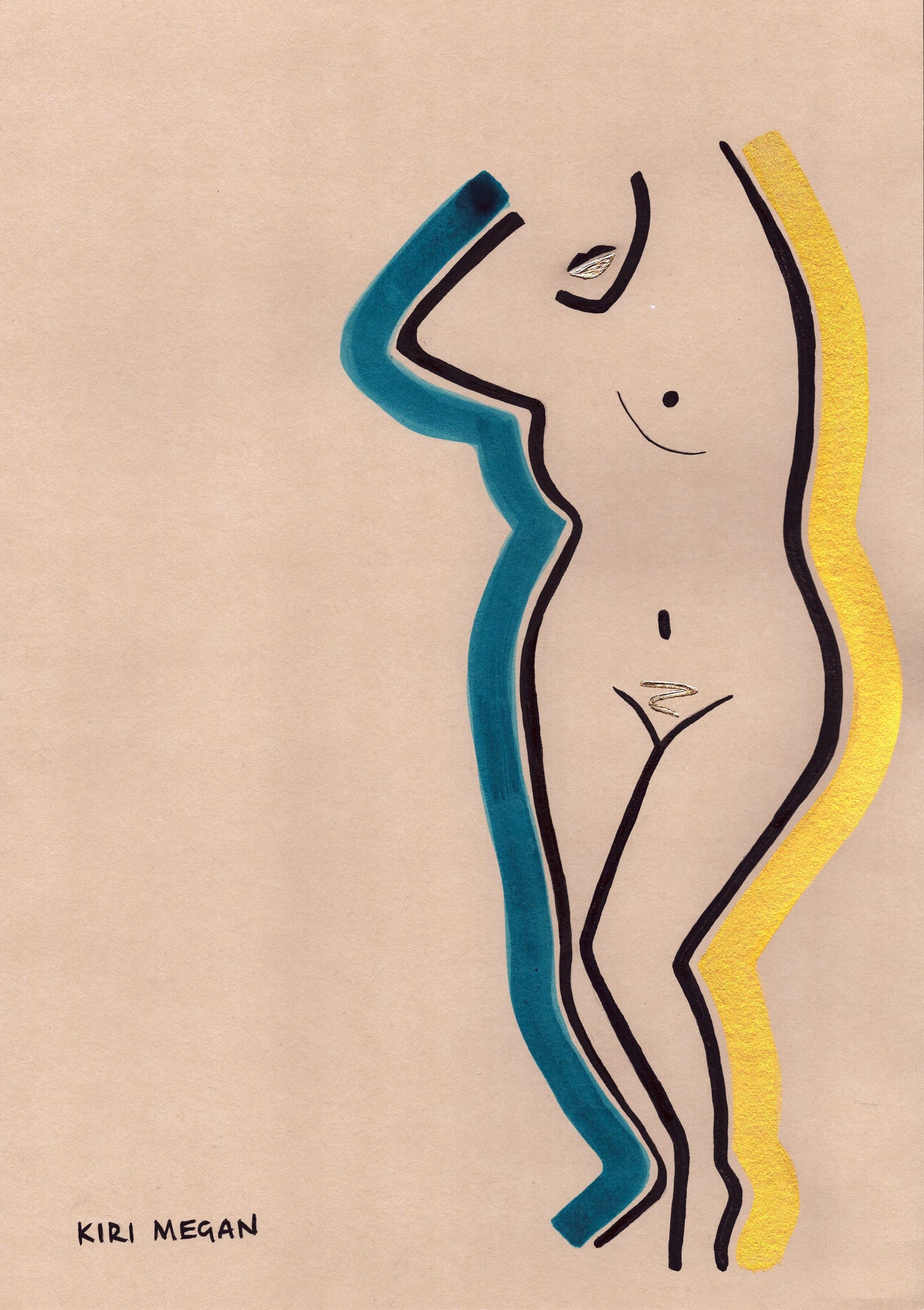 Embers I - Glowing Pose in Gold, Blue and Black Ink (A3)