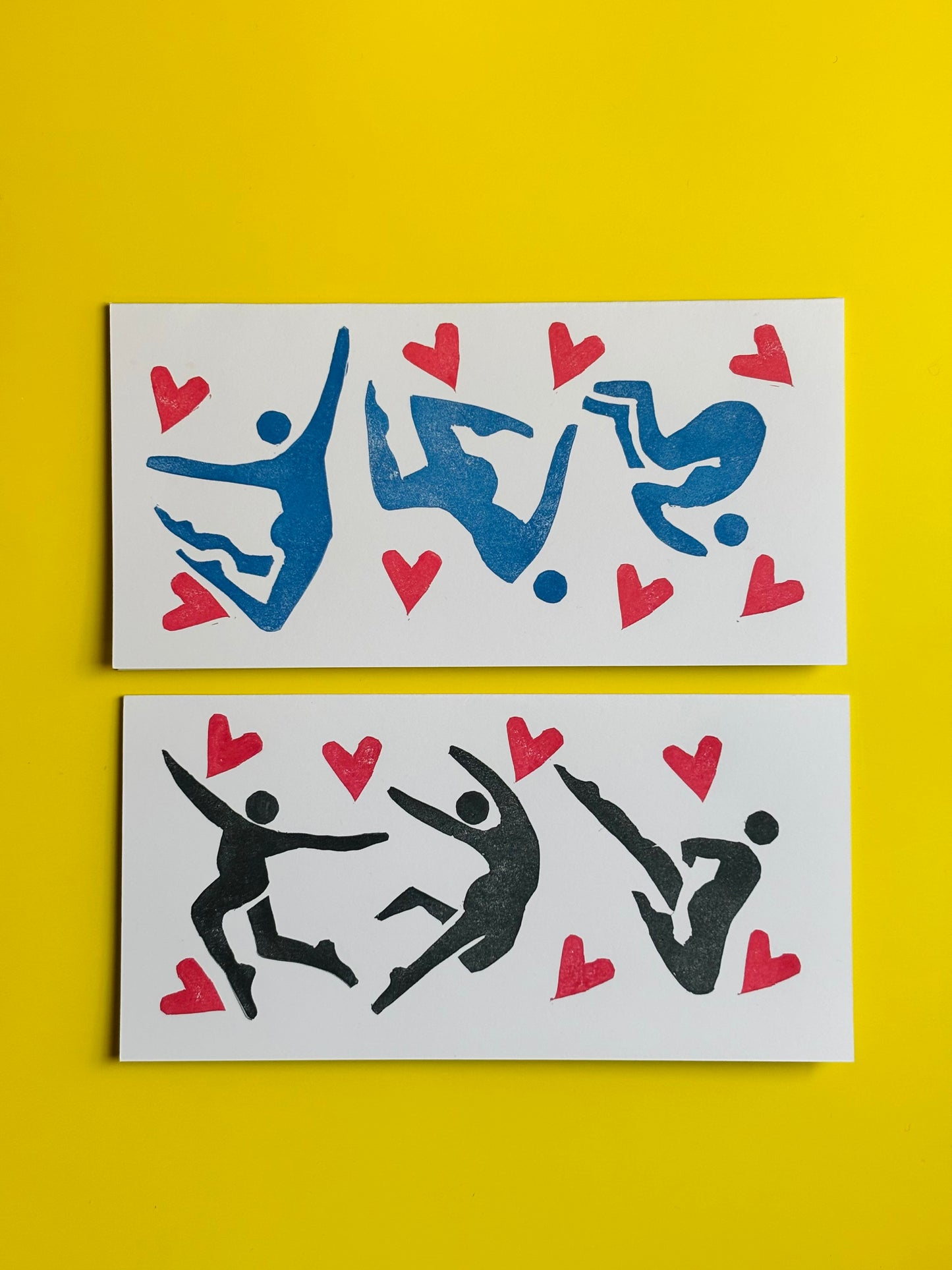 Hearts & Motion Linocut Card Pair – Diving & Tumbling Figures