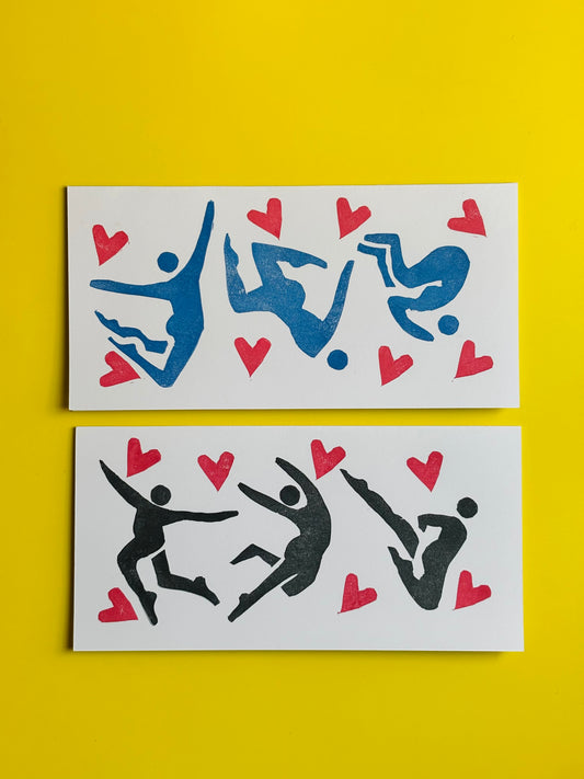 Hearts & Motion Linocut Card Pair – Diving & Tumbling Figures