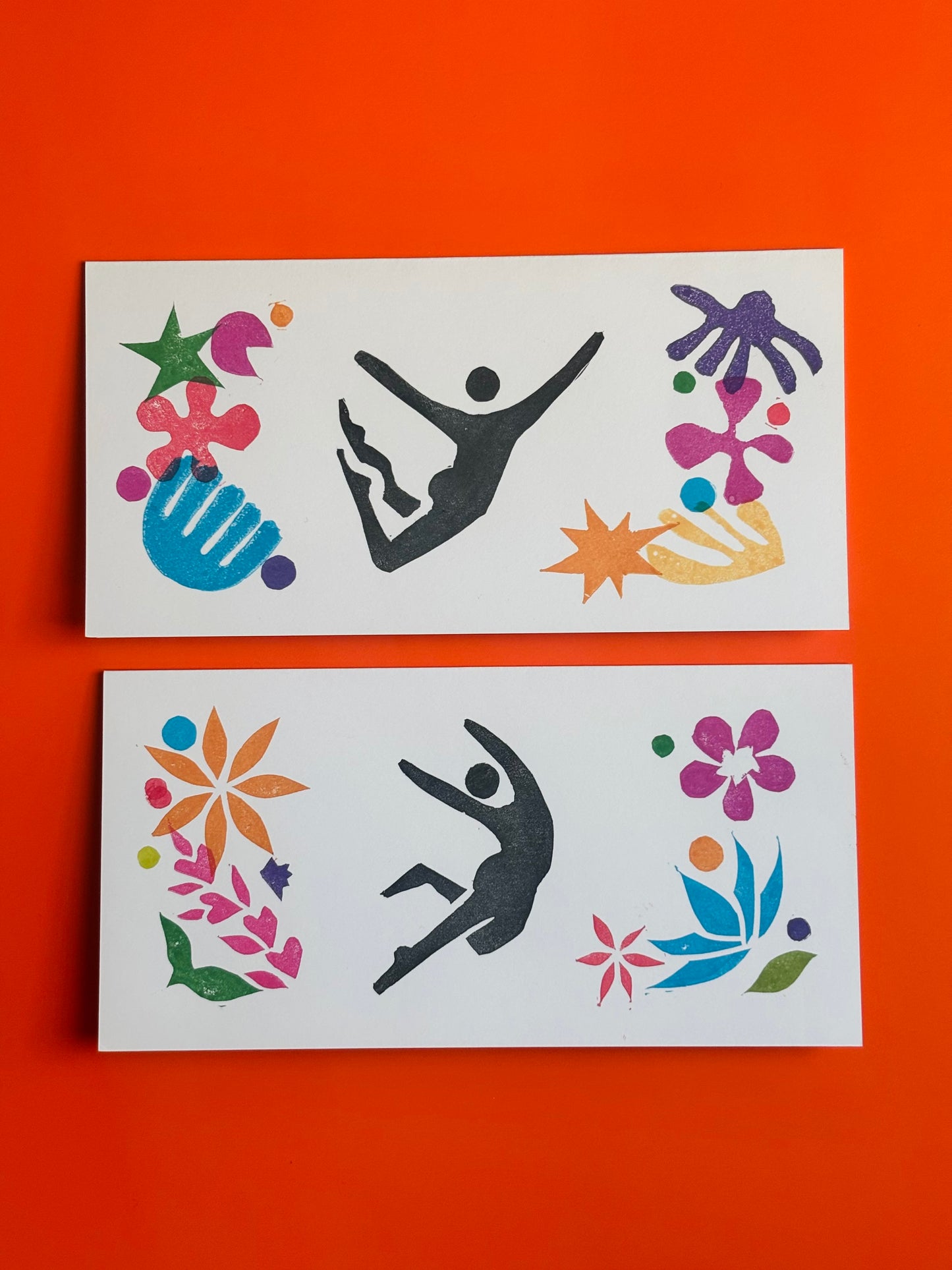 Dynamic Figure Greeting Card Duo – Tropical & Bloom Linocut Set