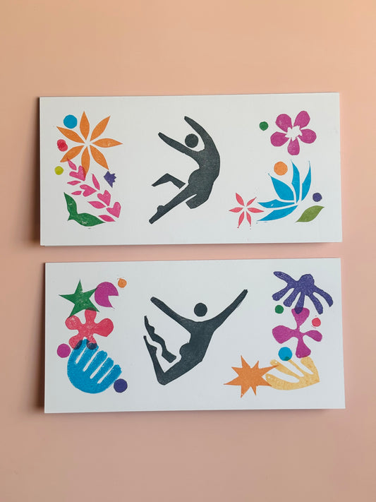 Dynamic Figure Greeting Card Duo – Tropical & Bloom Linocut Set