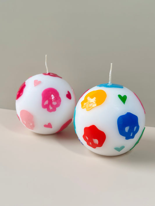 Skull Ball Candle Gift Set - Rainbow & Pink Wax Art Candles (Set of 2)